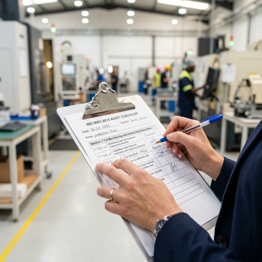 Auditor de calidad rellenando checklist ISO 9001 en planta de producción
