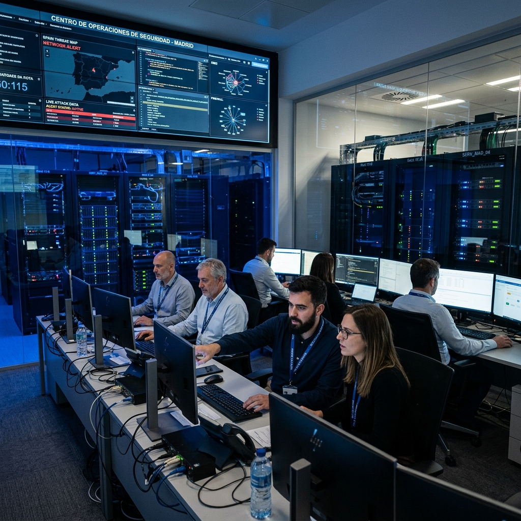 Centro de operaciones de ciberseguridad con monitores mostrando dashboards ISO 27001 y NIS2
