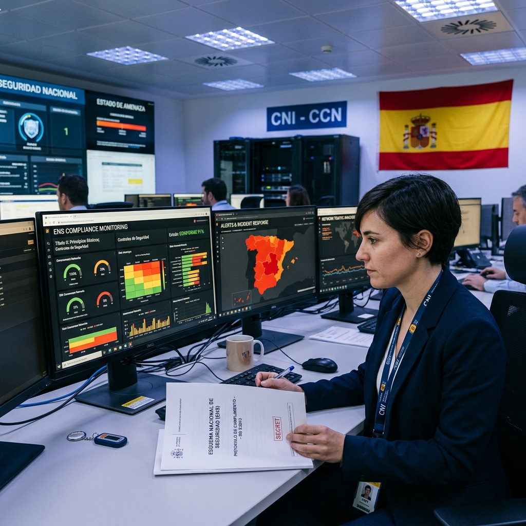 Profesional de seguridad nacional trabajando con documentación ENS y dashboards de cumplimiento