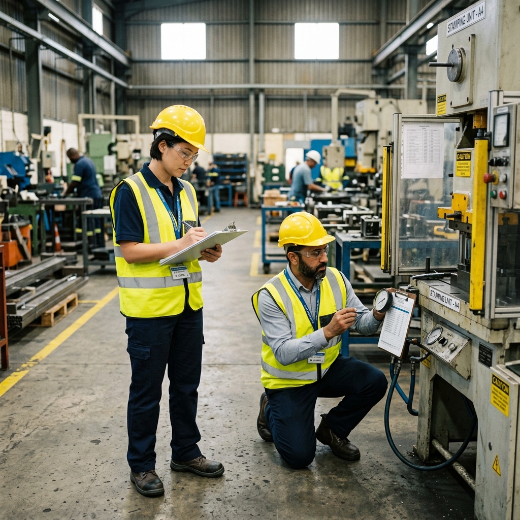 Dos auditores realizando auditoría interna ISO 9001 en instalación industrial
